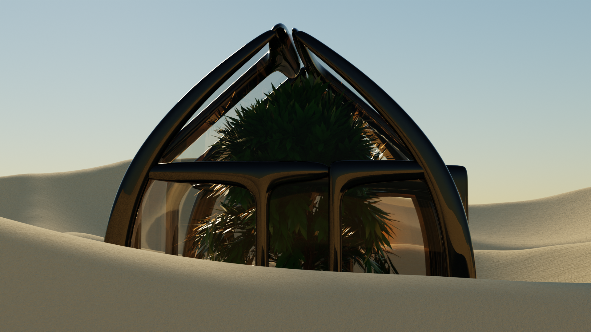 a 3d render of a golden building in a pile of sand with a plant on the inside. meant to be a futuristic green room